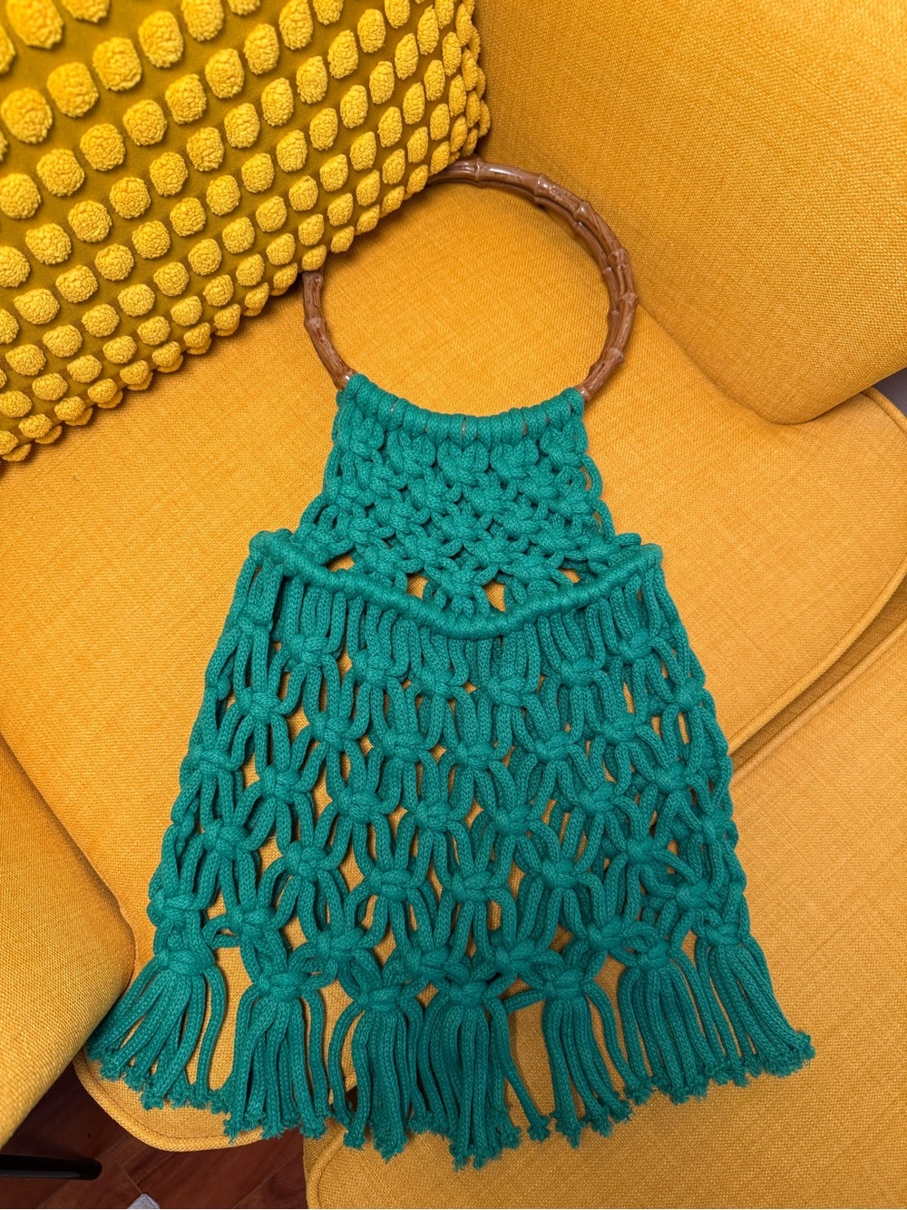 Handmade Macramé Bamboo Handle Tote in Teal